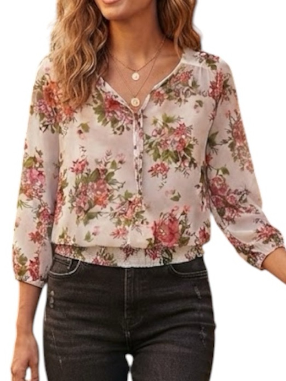 VENUS White Floral Tie-Front Sheer Blouse with Pink & Green Bouquet Print Size 4